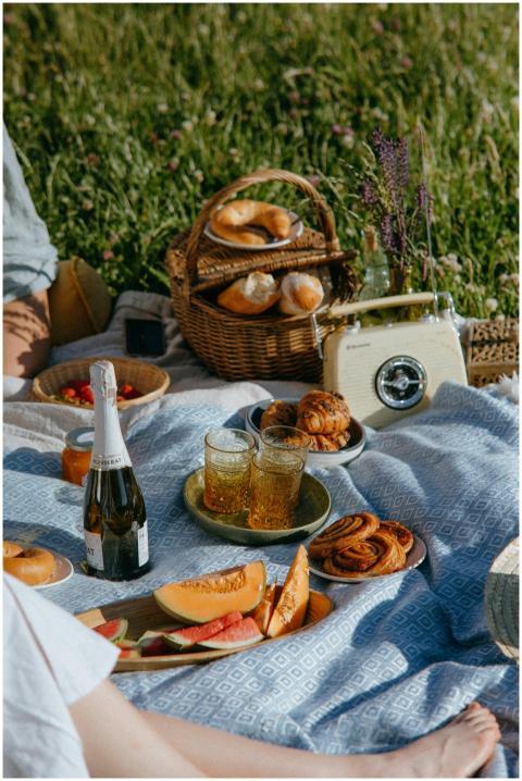 Enjoy a summer picnic with wine, fresh pastries, a