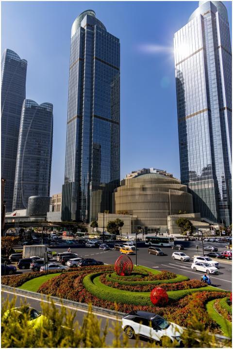 High-rise buildings with a bustling city scene and