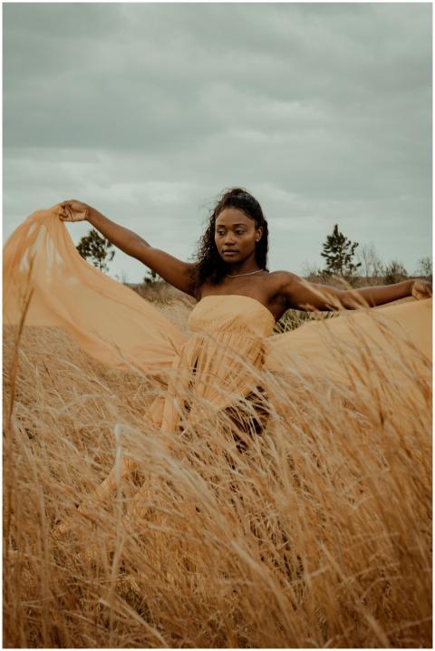 Graceful woman in flowing dress embraced by the go