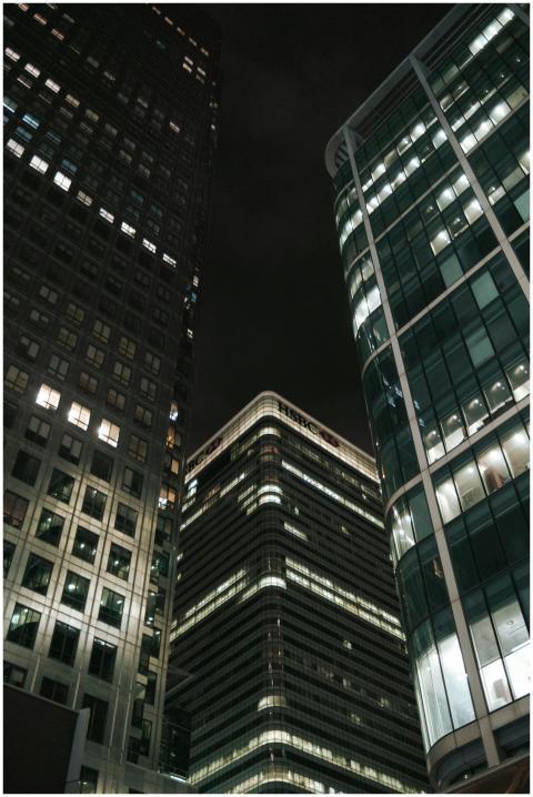 A striking view of illuminated skyscrapers against