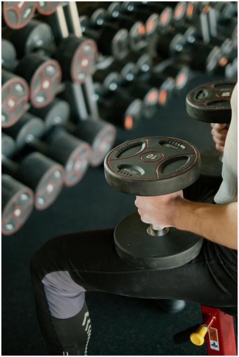 A person lifting dumbbells while sitting on a benc