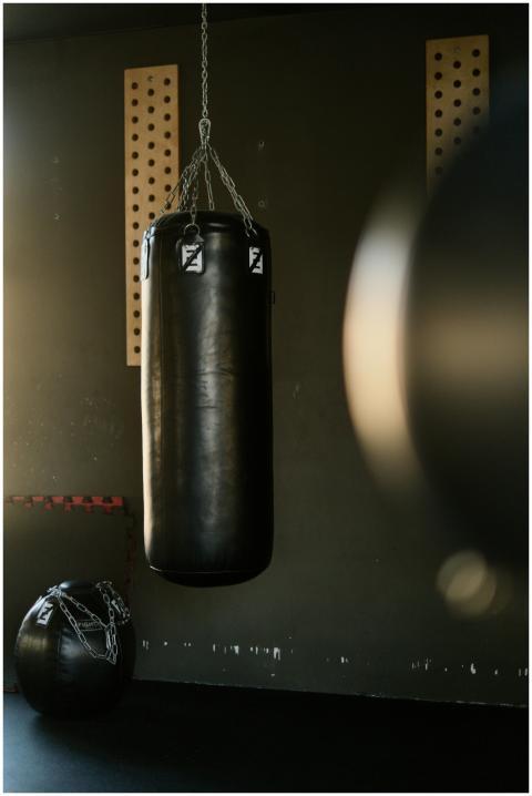 Black punching bag hangs in a gym, bathed in sunli