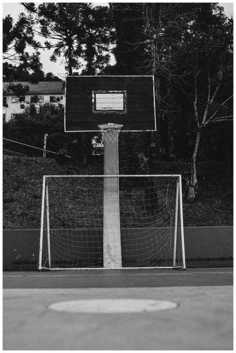 A unique black and white photo of a street basketb