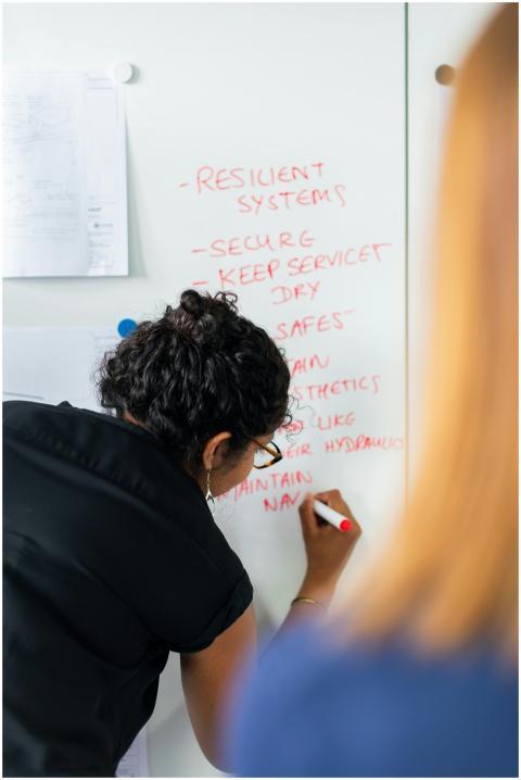 Female engineer writing strategy on a whiteboard d