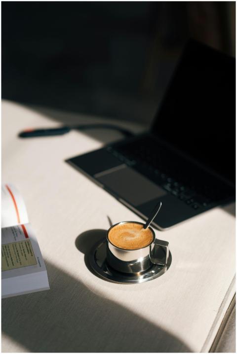 A cozy workspace featuring a laptop, an open book,