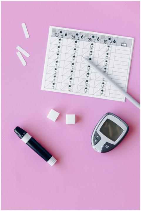 Flat lay of diabetes monitoring tools with test st