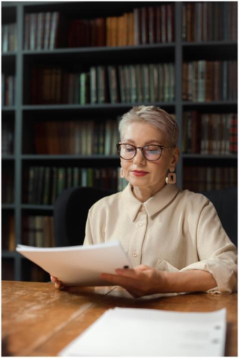 Elderly woman reviewing documents in a library set