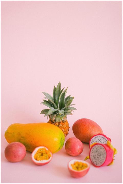 Composition of ripe yummy exotic fruits including