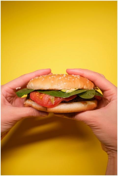 Crop faceless person hands with burger with tomato