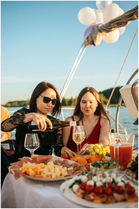 Women enjoying a yacht party with drinks and a var