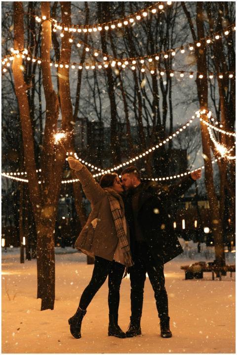A couple kissing in a snowy park, illuminated by s
