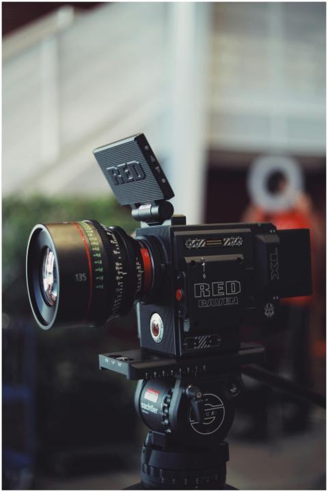 Close-up of a RED Raven video camera on a tripod,