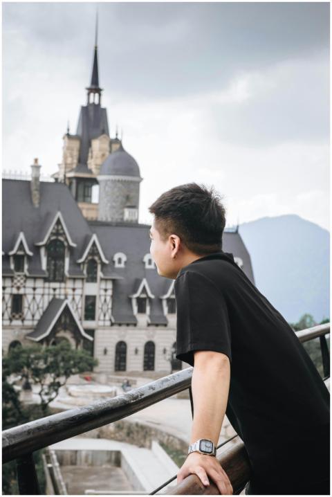 Person observing ornate castle architecture under