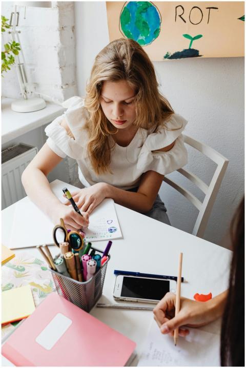 Teenaged girl concentrating on homework and practi