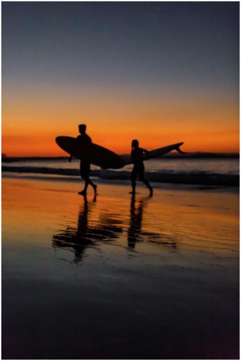Silhouetted surfers walking on Noosa Heads beach d