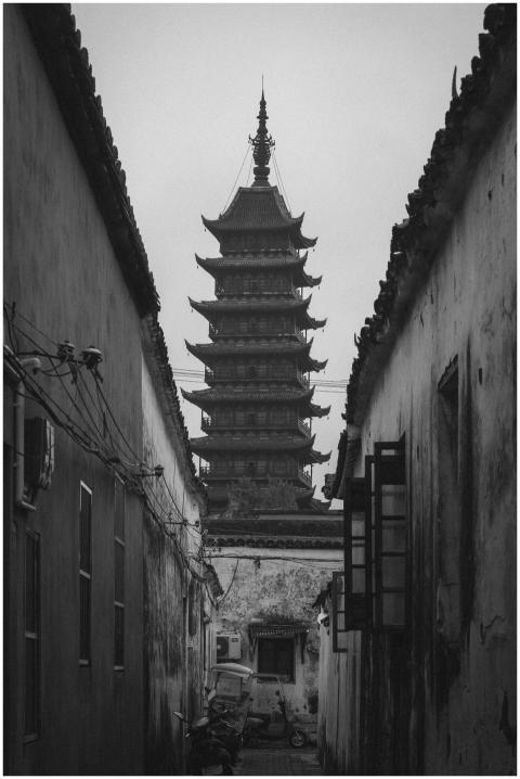 Black and white photo of a traditional Chinese pag