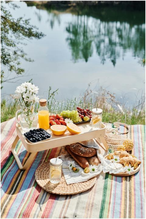 Relaxing outdoor picnic setup with fresh fruits an