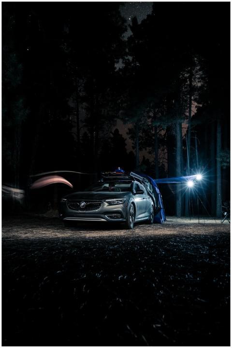Car parked in a forest under a starry sky with cam