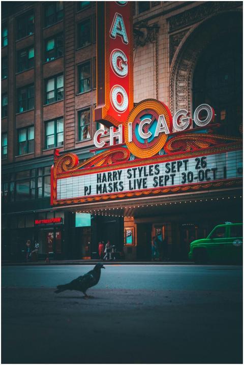 A vibrant night scene of the iconic Chicago Theate
