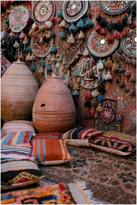 Vibrant textile patterns and traditional pottery i