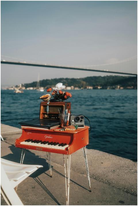 A red toy piano with flowers and radio near a brid