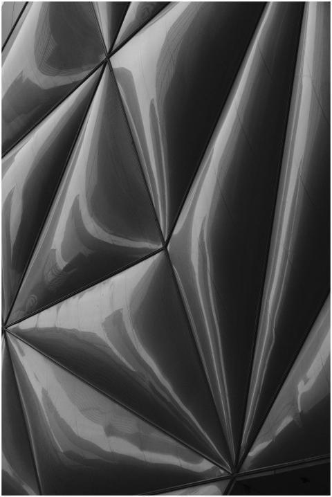 Black and white view of a geometric metallic facad