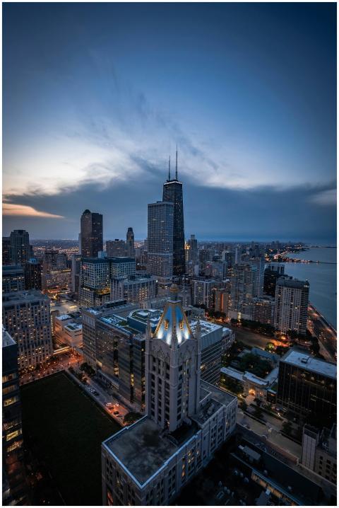 A breathtaking aerial shot of Chicago's skyline, f