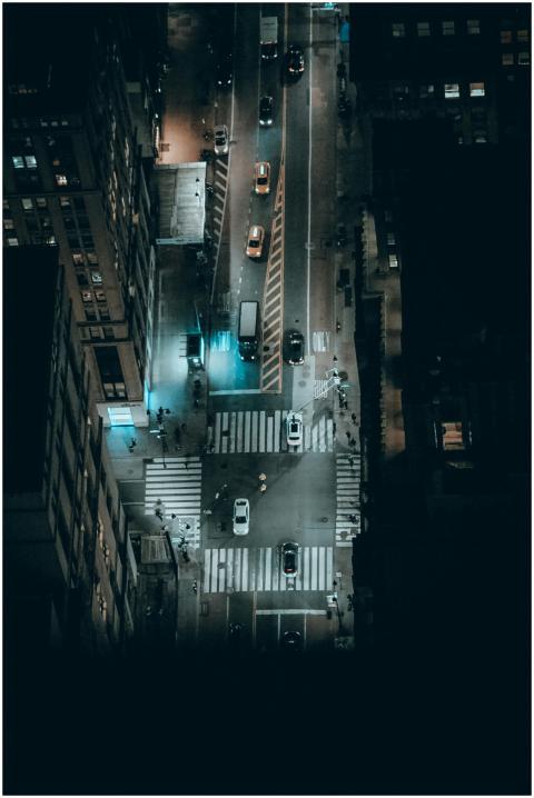 A dramatic aerial view of New York City streets at