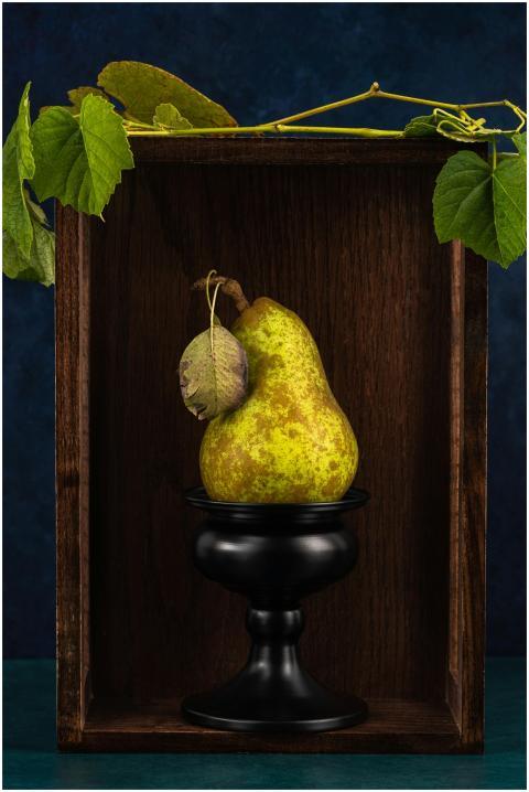 Artistic still life featuring a ripe pear in a woo