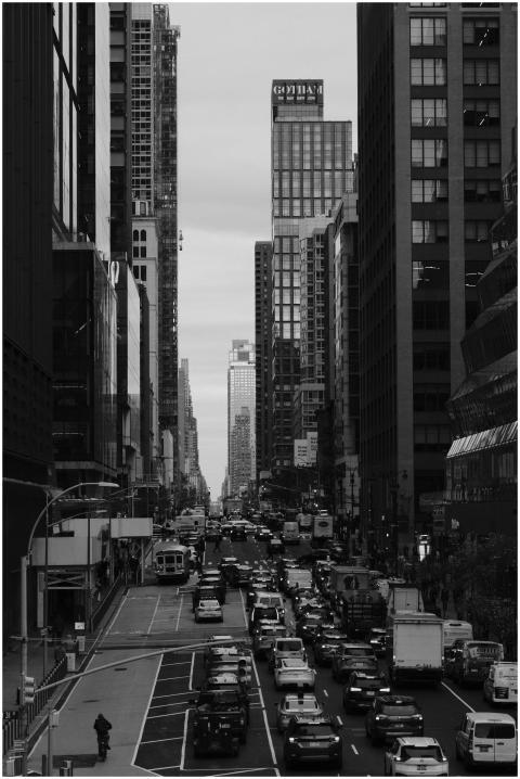 A bustling monochrome street view of New York City