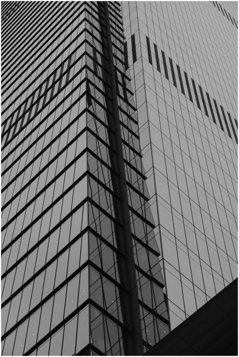 Black and white photo of a modern skyscraper in Ne