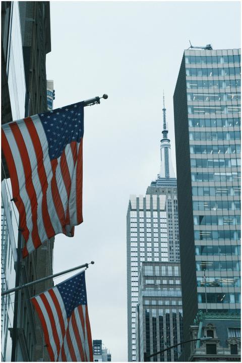 New York City skyline featuring American flags and