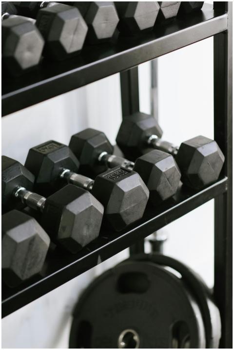 Black hex dumbbells neatly arranged on gym shelves