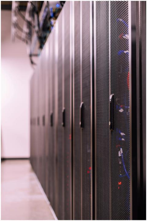 Detailed view of network server racks in a modern