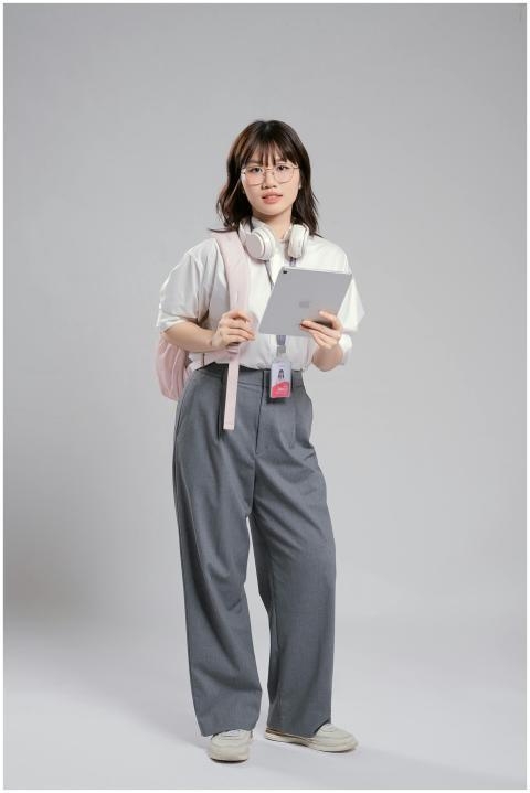 Confident young woman with headphones holding a ta