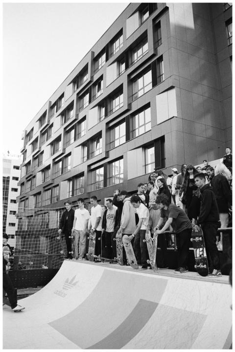 Group of skateboarders gathering at a Moscow skate