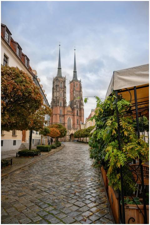 Beautiful view of a Gothic cathedral in Wroclaw's