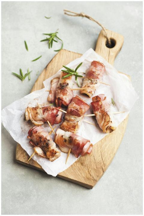 Delicious bacon wrapped chicken bites on a wooden