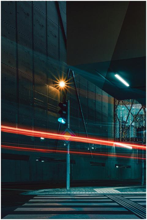 Dynamic night shot of a city street in Hradec Král