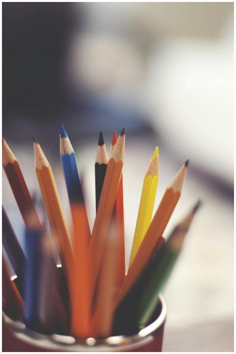 A close-up of colorful pencils in a cup, showcasin