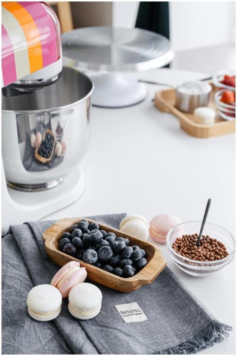 A stylish indoor baking setup featuring blueberrie
