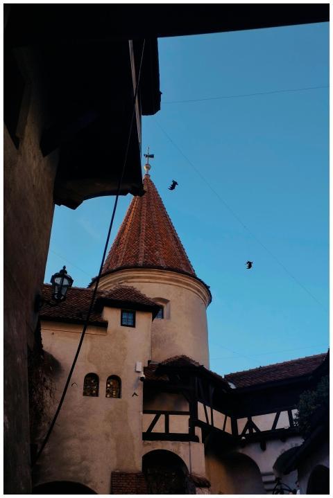 View of a historic European tower with a conical r