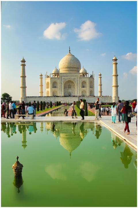 The iconic Taj Mahal with its reflection in a pool