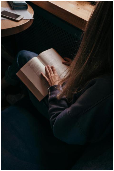 A young woman reading a book in a cozy indoor sett