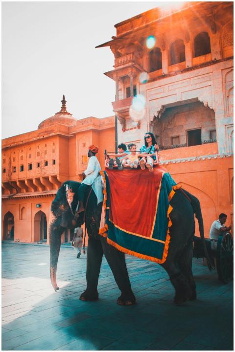 Tourists enjoying an elephant ride at Amber Fort i