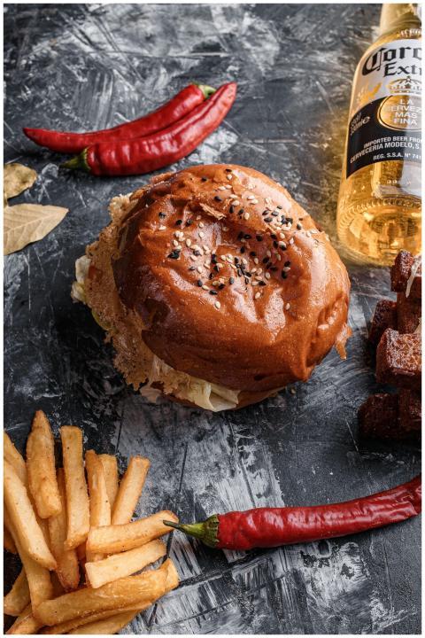 From above composition of yummy beef burger placed