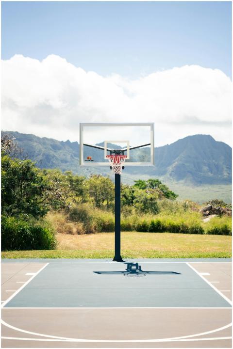 Outdoor basketball court with stunning mountain ba