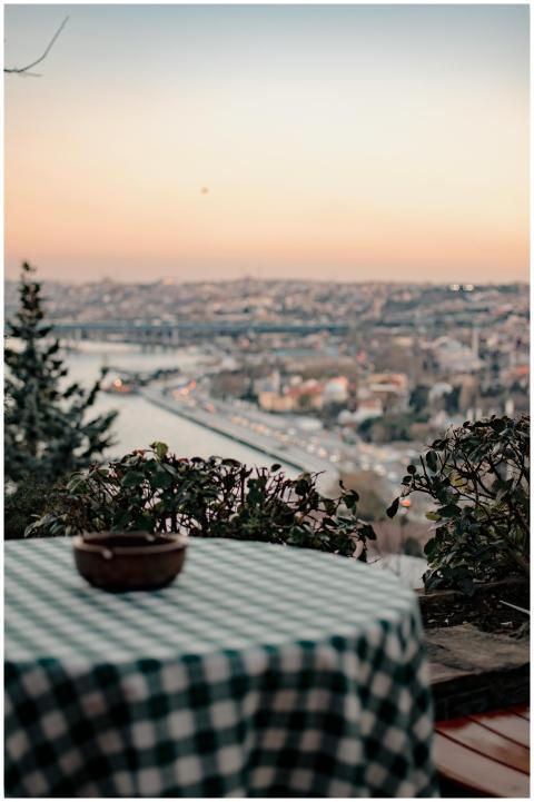 Round table covered with green checkered tableclot