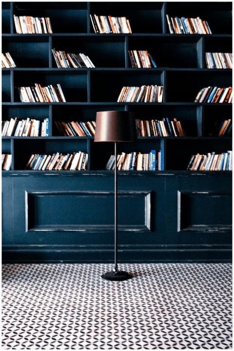 House room with assorted books in rows on bookshel