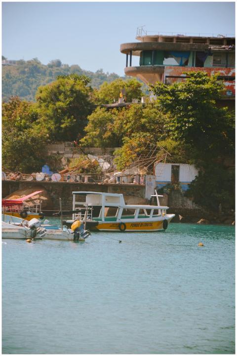 Scenic view of colorful boats docked by a lush tro
